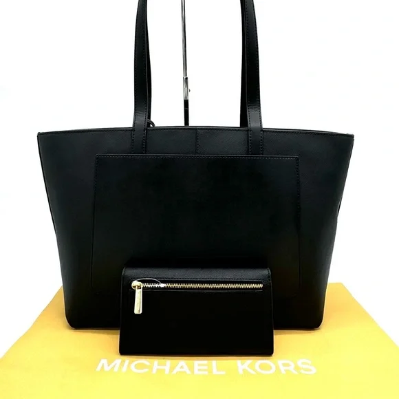 Michael Kors MD Zip Top Tote Bag Large Trifold Wallet Black